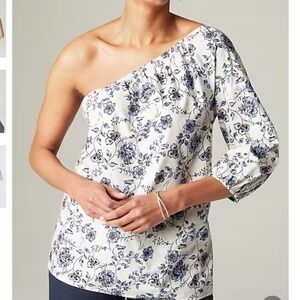 J.‎ Jill One-Shoulder Puff-Sleeve Top Vanilla Textured Vine Floral Lightweight